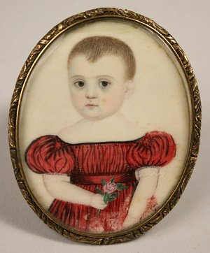  American portrait miniature on ivory of child in red dress, 2½ in height. Estimate $1,200-$1,400. Image courtesy Case Antiques.